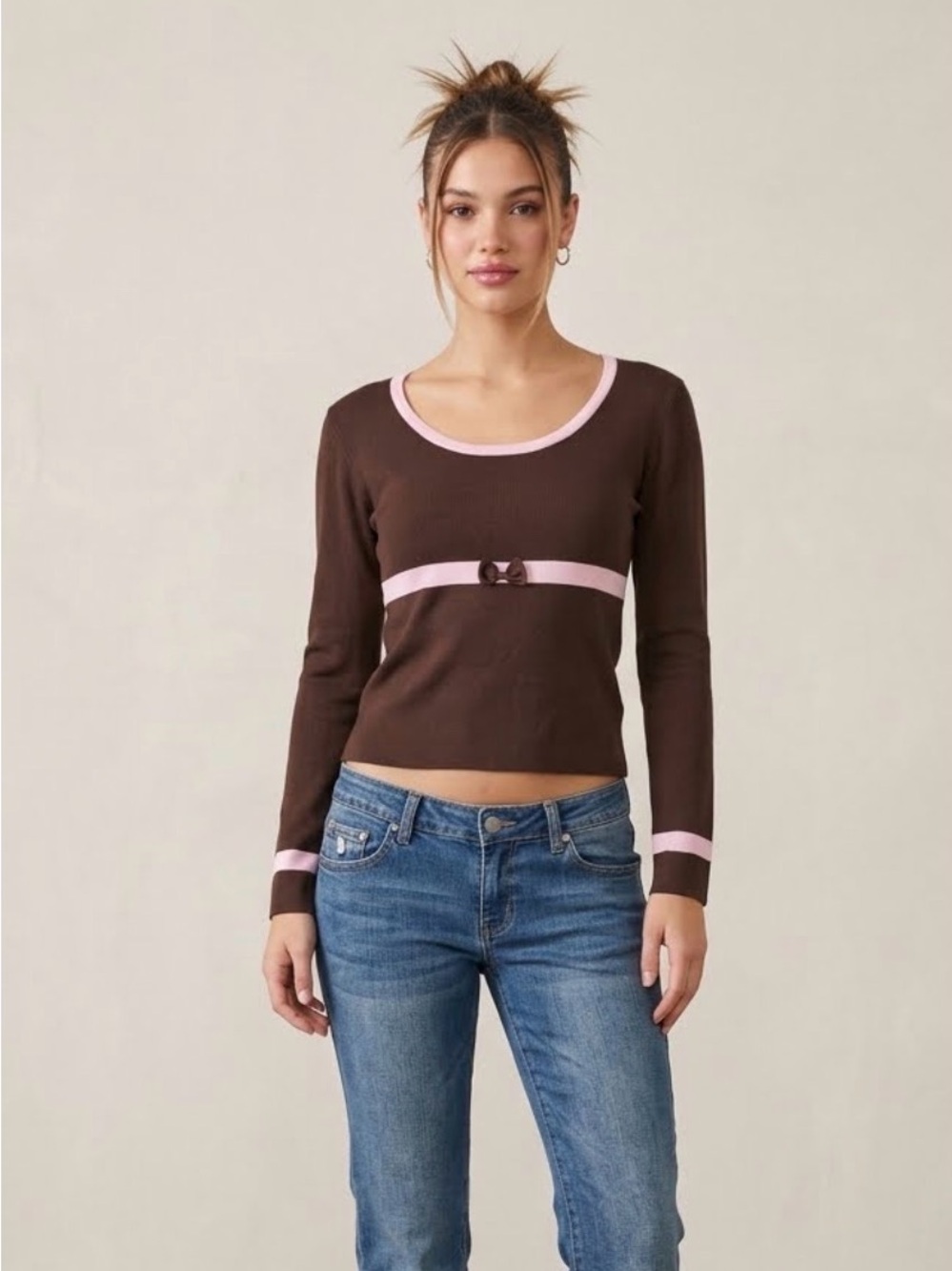 Vintage Michelle Antonelli Brown and pink Bow  Knit top M #553